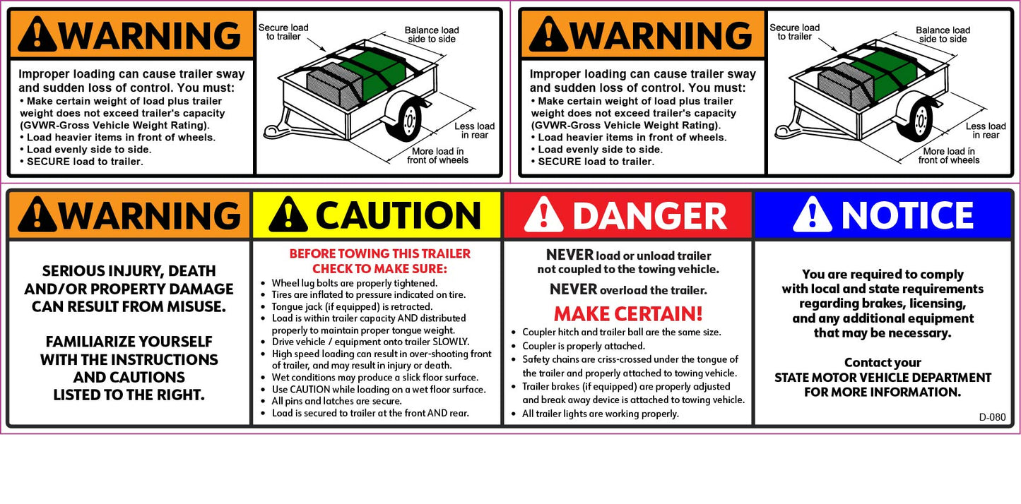 D-080 WARNING 3 Dump Trailer Decals KIT (3pc)