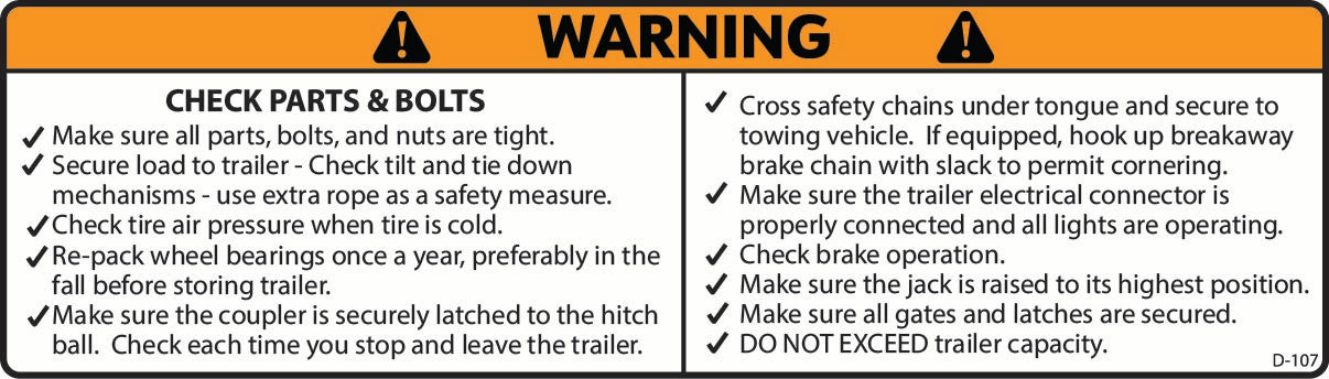 D-107 Warning: Check Parts and Bolts