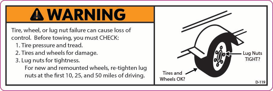 D-119 Warning: Tire, Wheel, or Lug Nut Failure