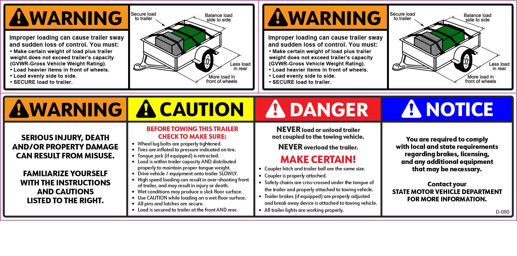 D-080 WARNING 3 Dump Trailer Decals KIT (3pc)