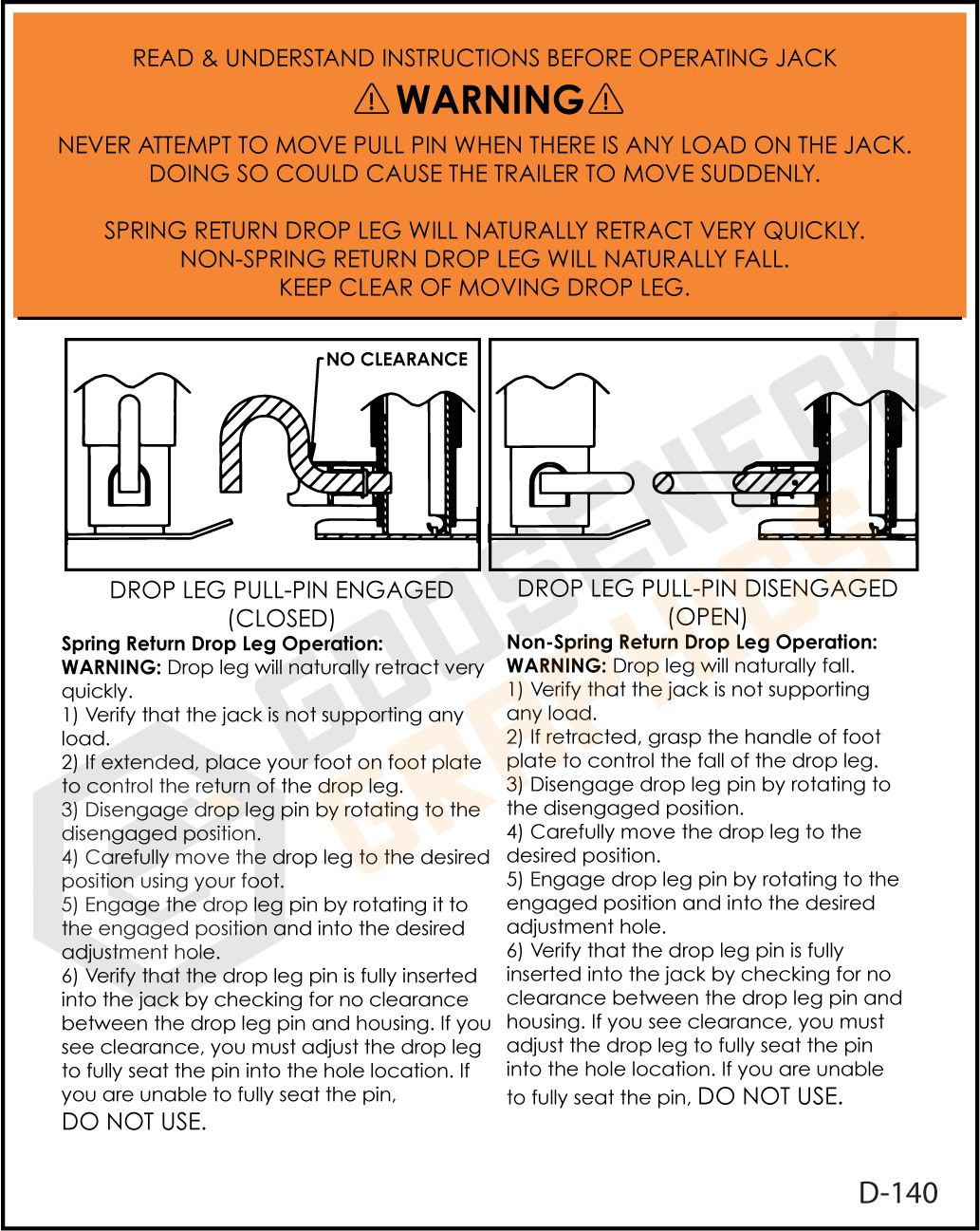 D-140 Warning: Jack (Read Before Operating)