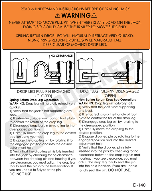 D-140 Warning: Jack (Read Before Operating)