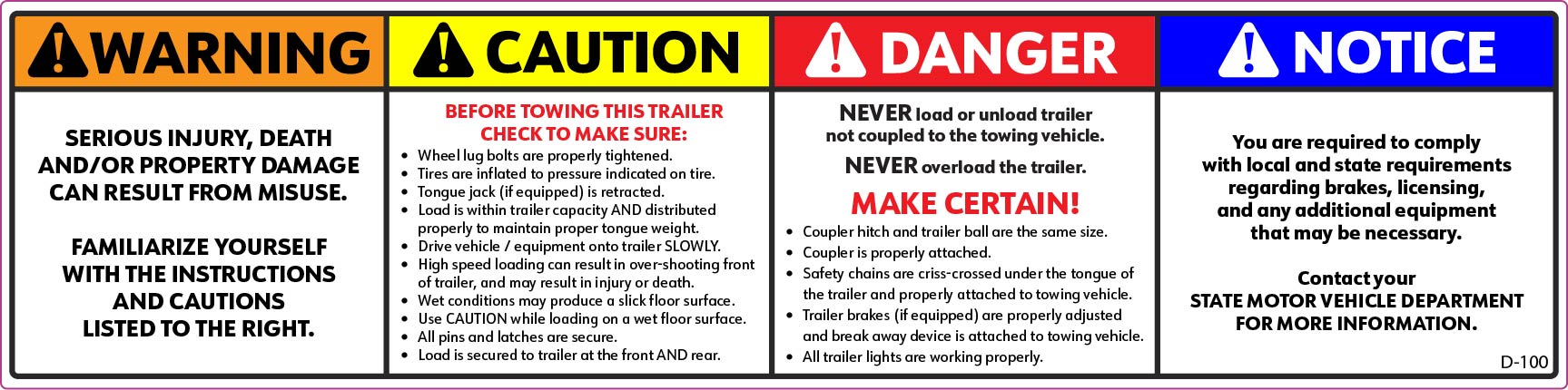 D-100 Warning, Caution, Danger, Notice (4-in-1)